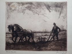 Jenő Remsey: spring plowing 1958 etching
