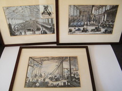 19. századi gyárakat ábrázoló keretezett nyomatok, rézkarcok 3 db