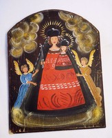 Our Lady with baby Jesus and angels in a modern reinterpretation. A picture painted on a board.