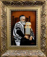 An old rabbi with a Torah ... Judaica-themed oil painting in a decorative frame with Hebrew markings!