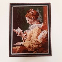 Kézi hímzett, olvasó nő gobelin goblen kép, kerettel együtt  (nem kicsi!)