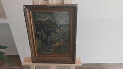 (K) antique street scene painting (tabán) 36x47 cm with frame.