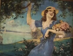 Lipót Illencz (1882-1950), oil on canvas, lady in a hat on the Balaton beach