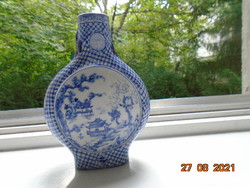 Kangxi blue and white flat moon vase with two different high mountain landscapes, pagodas, symbol of wealth