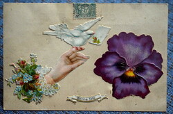 Antique genuine decoupage greeting card hand holding a dove pansy