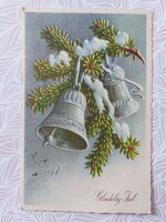 Old Christmas card 1950 postcard bell pine branch