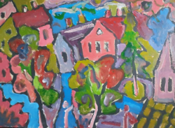 Miklós Cs. Németh: houses (70x100 cm) enamel paint