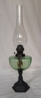 Antique old table kerosene lamp cast iron base translucent green ribbed glass bay, 19. Sz large size
