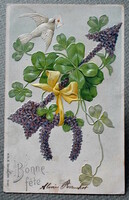 Antik dombornyomott Újévi üdvözlő litho képeslap 4levelű lóhere szerencsepatkó nyíl ibolyából galamb