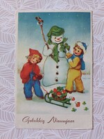 Régi újévi képeslap levelezőlap gyerekek hóember szánkó lóhere gomba