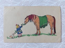 Old postcard postcard little girl horse duckling