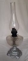 Antique old table kerosene lamp silver painted cast iron base ribbed glass container wick 19.Sz