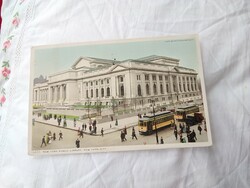 Antik amerikai színezett képeslap, USA New York Közösségi Könyvtár, villamos, járókelők 1911