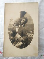 Antik fotólap, házaspár (?) férfi, nő, kutyával 1900 körüli darab