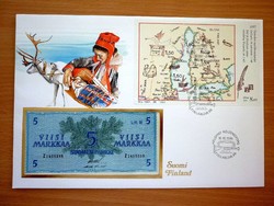 Banknote envelope 1988 finland 5 marks 1963 unc