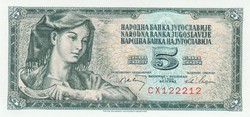 Jugoszlávia 5 dinár, 1968, UNC bankjegy