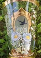 Antik retro vintage régi kézzel festett vastag üveg váza dúsan aranyozott madár virág mintával