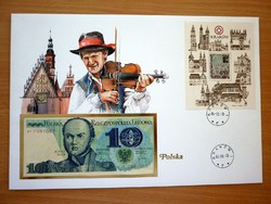 Bankjegyes és bélyeges boríték 1985 Lengyel 10 Zlotyi 1982 UNC