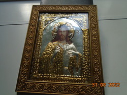 Antik ezüstözött, aranyozott oklád ikon Jézus Pantokrátor, óarany virágmintás Blondel keretbe