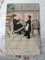 Antik/szecessziós, hosszúcímzéses képeslap, gyerekek a kávéházban, pincér, vendég 1904