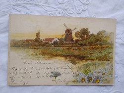 Antique / Art Nouveau, litho / lithographic, gilded landscape plate, windmill, waterfront, sunset 1900