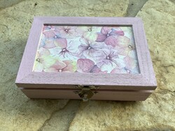 Decoupage rózsaszín virágmintás tükrös díszdoboz kincsesláda doboz