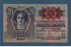 20 Korona 1913 II. kiadás VF Deutschösterreich bélyegzés aCsászári Címeren  Ritka!!!