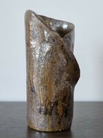 Vintage samottos  váza, eozinos mázzal - jelzett stúdió munka