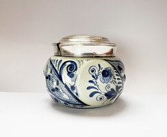 Delft ceramic sugar bowl with silver lid.