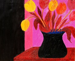 Floral still life in a modern style: tulips in a black vase, 1986 - oil on canvas painting, framed