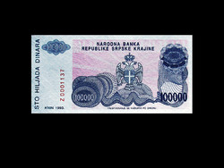 Unc - 100,000 Dinars - (Croatia) between Krajina Serbs. - 1993