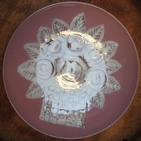 Large pink wall plate - marked - flower in a vase with a motif