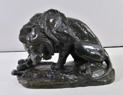Anton Louise Barye (1795-1875) után: Oroszlán és kígyó küzdelme, bronz