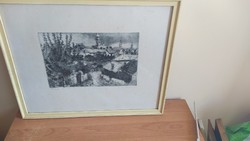(K) between houses etching 53x54 cm with frame, signed