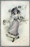 Antik a&m.B. New Year greeting litho postcard with lady angels