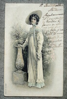 Antik a&m.B. Welcome litho postcard with lady flower