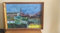 (K) city or village picture painting 55x75 cm signed