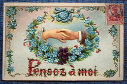Antique embossed greeting litho postcard with hand holding engagement floral lettering