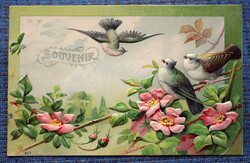 Antik dombornyomott  üdvözlő litho képeslap madarak vadrózsa