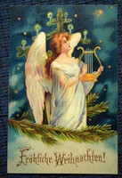 Antik Karácsonyi üdvözlő litho képeslap angyalka lanttal  Karácsonyfa arany csillag
