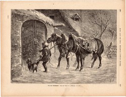 A türelem próbája, metszet 1875, eredeti, német, újság, 22 x 31, fametszet, ló, kutya, tél, kapu