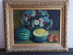Still life with melons, signed painting 254 lames 1954