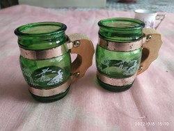 2 glass drinking glasses for sale! Green glass cognac glass with wooden handle for sale!