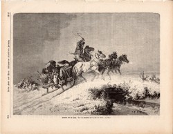 Hazatérés a vadászatról, metszet, 1875, eredeti, német, újság, 22 x 31 cm, fametszet, nyúl, ló, szán