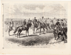 Ferenc József Párizsban, metszet 1870, 21 x 32 cm, monarchia, újság, császár, osztrák, lovas, katona
