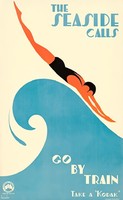 Art deco minimalistic vintage Australian advertising poster reprint, sea wave swimmer black swimsuit