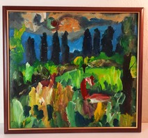 Németh Miklós: "Tóparti fasor" festmény,  1974