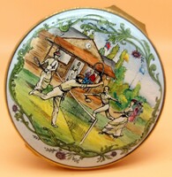 English porcelain box with tennis-themed enamel decoration, metal fixture