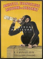 Vintage desszert likőr reklám plakát reprint nyomat majom csimpánz üveg fa láda szeszesital alkohol