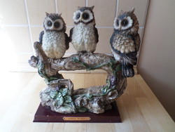 3 Owl sitting on a tree branch table and shelf decoration polyresin